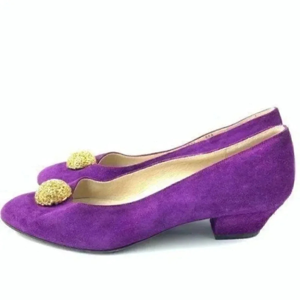 Bruno Magli heels 9 AA purple suede Italy gold - Picture 3 of 8